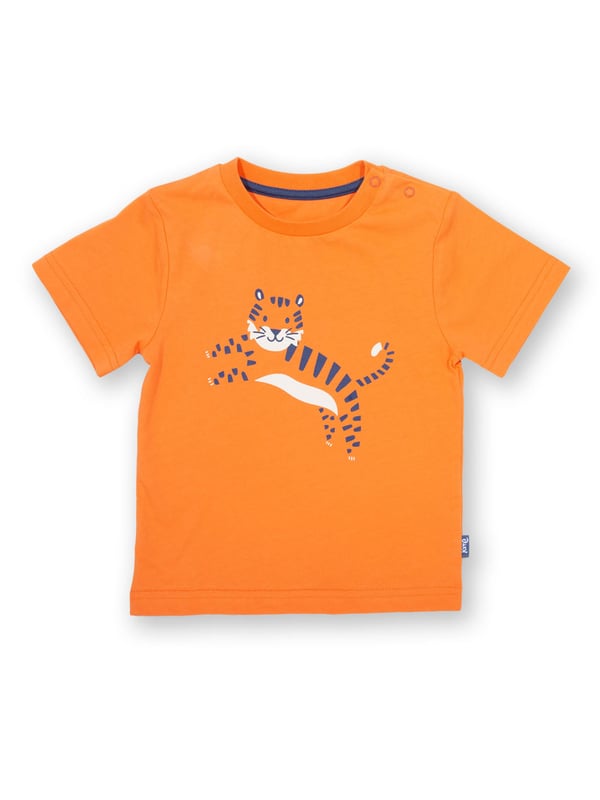 Being the largest wild cat in the world, tigers are pretty awe-inspiring creatures. This coral orange t-shirt displays Kite's regal friend with their terrific tiger print.