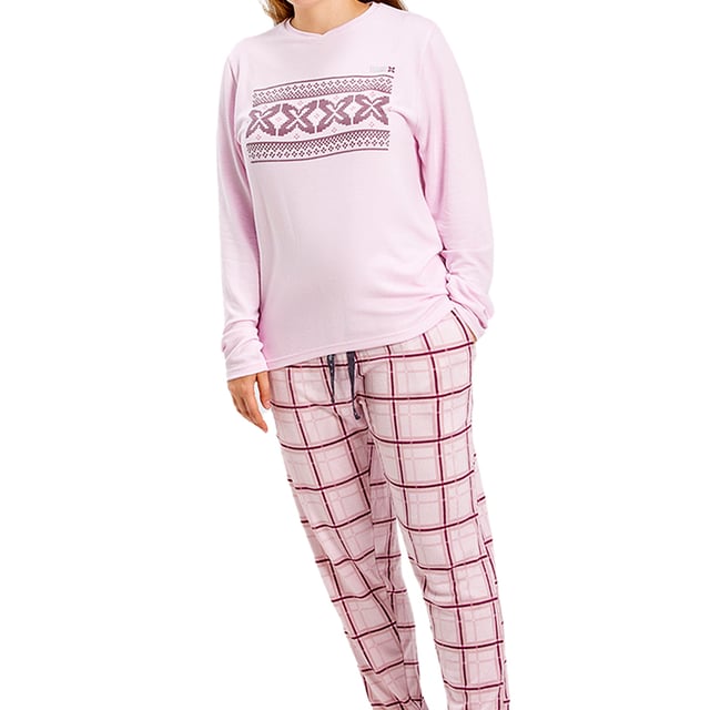 München långärmad pyjamas.\n Ljusrosa färg\n Långärmad T-shirt med rund halsringning.\n Rutigt tryck.\n Design med varumärkesgrafik.\n Långa byxor.\n Elastiskt midjeband.\n Raka fållar.\n Sömmarna syns i ton.\n\n Sammansättning: 96% polyester, 4% elastan.\n\n -Tvättas i max temperatur. 30º.\n -Använd inte blekmedel.\n -Torka i max temperatur. 110º.\n -Har inte stöd för kemtvätt.\n -Tillåter dig att använda en torktumlare.\n Sammansättning: 96% polyester, 4% elastan.\n Skötsel:\n-Tvätta i max temperatur. 30º.\n -Använd inte blekmedel.\n -Torka i max temperatur. 110º.\n -Har inte stöd för kemtvätt.\n -Tillåter dig att använda en torktumlare.