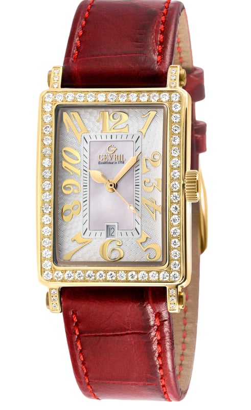 Gevril 7449YL Avenue of Americas Mini Swiss Quartz Diamond Watch
Gevril Women's Diamond Swiss Quartz Watch from the Avenue of Americas Mini Collection
33x25 Rectangle 316L Stainless Steel IPYG Diamond Case, White MOP Dial
Guilloche dial and a highly stylized Arabic numeral display that is raised off the surface of the dial
Push/Pull Crown, Date at 6:00
Limited Edition
Genuine Handmade Italian Red Leather Strap With Tang Buckle
Anti-reflective Sapphire Crystal
Water Resistant to 50 Meters/5ATM
Swiss Quartz Movement Ronda 784