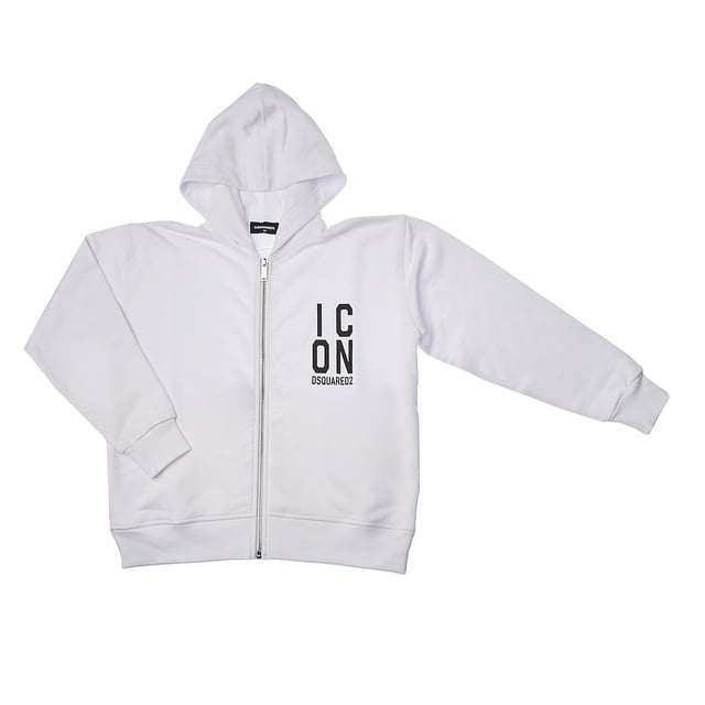 Dsquared2 jongenscapuchon met rits, ontworpen in een slouch fit die een ruime, ontspannen pasvorm biedt, ideaal voor een casual, urban stijl.

 Het ontwerp is voorzien van het kenmerkende Dsquared2-logo en het woord "ICON" op de voorkant, voor een moderne en authentieke touch.

 Gemaakt van een zachte en comfortabele stof, is dit kledingstuk perfect voor dagelijks gebruik en combineert het functionaliteit en stijl.

 De elastische manchetten en zoom zorgen voor een goede pasvorm, terwijl de losse pasvorm voor bewegingsvrijheid zorgt, waardoor het een veelzijdige en karaktervolle optie is voor elke casual outfit.
 Samenstelling: 100% Katoen; Elastiek: 95% Katoen, 5% Spandex
 Onderhoud:
- Wassen in koud water en zachtjes centrifugeren.
 - Gebruik een mild wasmiddel.
 - Vermijd drogen in de droogtrommel.
 - Strijken op lage temperatuur.