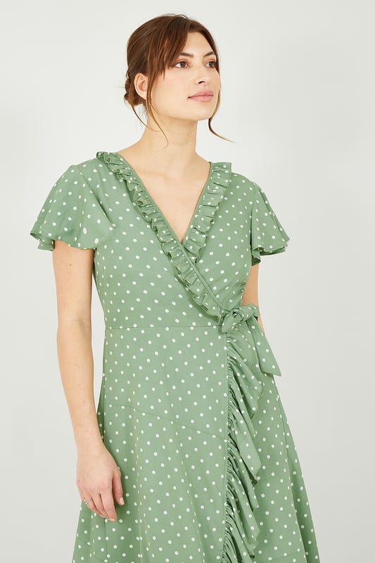 Green and white polka dot wrap dress outlet