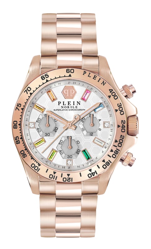 This Philipp Plein Nobile Lady Chronograph Watch for Women is the perfect timepiece to wear or to gift. It's Rose Gold 38 mm Round case combined with the comfortable Rose Gold Stainless steel watch band will ensure you enjoy this stunning timepiece without any compromise. Operated by a high quality Quartz movement and water resistant to 5 bars, your watch will keep ticking.