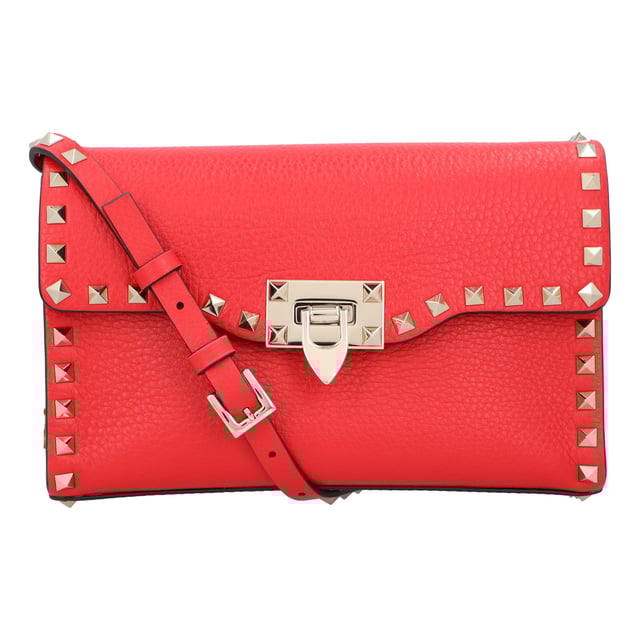Simple in size and shape, this Rockstud small crossbody bag from Valentino will never go out of style. Made from grainy calfskin leather, it boasts platinum-finish studs and hardware, hook closure, an adjustable strap, cotton lining, and a flat open pocket. - Bag measures approximately 22.5cm x 15cm x 6cm.