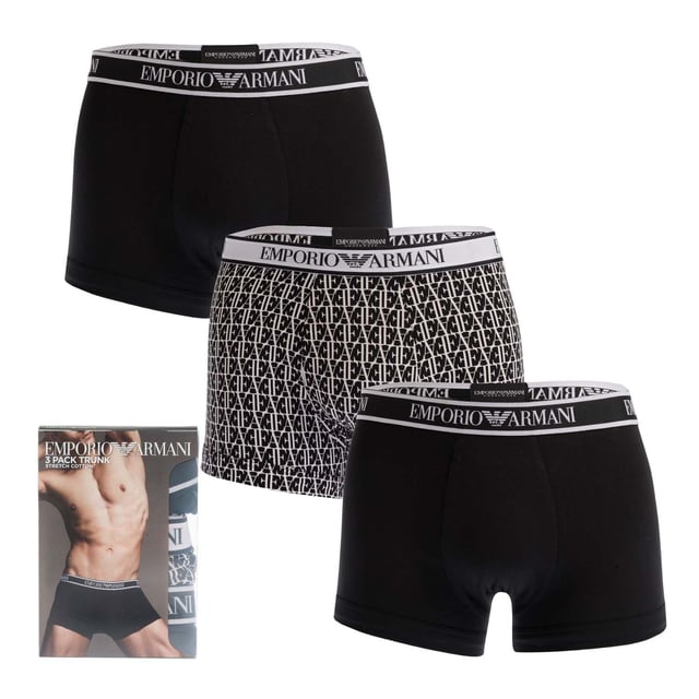 Men's Emporio Armani 3-pack trunks in black.- Trademark elastic waistband.- Stretch fabric.- 95% cotton 5% elastane.XS = 27-29inS = 30-32inM = 32-34inL = 34-36inXL = 37-39inXXL = 39-41in- Ref: 11213041735421We regret that the underwear cannot be returned for hygienic reasons.