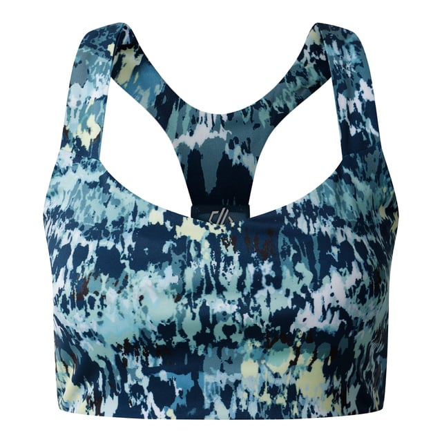 Material: Elastane, Polyester, Recycled Polyamide. Fabric: Soft Touch. Design: Dash Print, Logo. Fabric Technology: Anti-Bacterial, Chemical Free, Lightweight, Moisture Wicking, Quick Dry. Back Style: Crossover. Removable Bust Pads. XS: 32 in. L: 38 in. XL: 40 in.