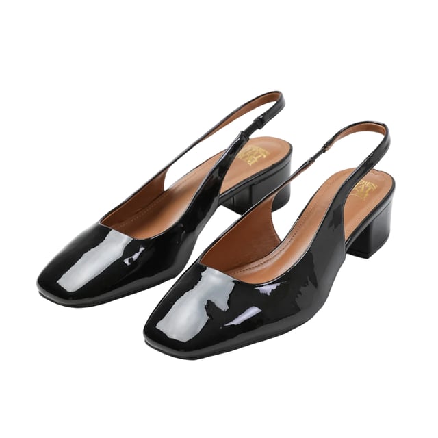 Gewebetechnik: langlebig. Obermaterial: Lackleder. Marke: Where's That From. Zum Anschlüpfen. Einlegesohle: gepolstert. Laufsohle: Gummi. Sling Back. Absatz: Low Block Heel. 6,86 cm. Design: Unifarben. Zehenstil: Quadratisch.
