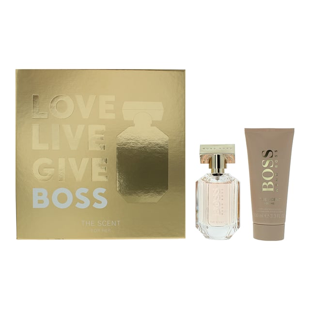 The Scent For Her by Hugo Boss is a fragrance crafted specifically for women, and introduced in 2016, characterized by its floral fruity composition. The scent opens with vibrant top notes of Peach and Freesia, imparting a fresh and inviting aura. Complementing these are the alluring notes of Osmanthus and Cacao, adding depth and richness to the fragrance. This 2 Piece Gift Set includes The Scent Eau de Parfum for Her by Hugo Boss along with a scented Body Lotion, providing a luxurious and coordinated experience for the senses.
