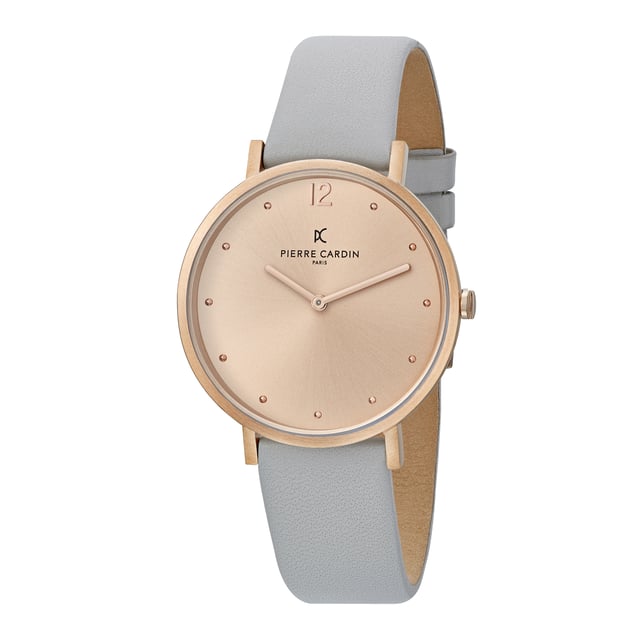 This Pierre Cardin Belleville Simplicity Analogue Watch for Women is the perfect timepiece to wear or to gift. It's Rose Gold 39 mm Round case combined with the comfortable Grey Leather watch band will ensure you enjoy this stunning timepiece without any compromise. Operated by a high quality Quartz movement and water resistant to 3 bars, your watch will keep ticking. Classic and charming  watch perfect for every occasion High quality 21 cm length and  18 mm width Grey Leather strap with a Buckle Case diameter: 39 mm,case thickness: 5.8 mm, case colour: Rose Gold and dial colour: Rose gold