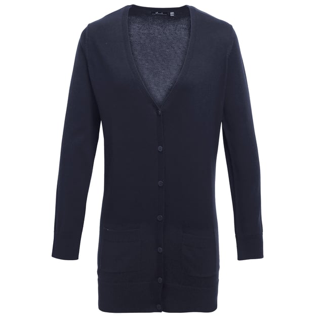 Womens cardigan. Long length cardigan with cotton rich yarn for a soft feel. Fine gauge knit. Five self-coloured buttons. Two front patch pockets. Ribbed knit v-neck, cuffs and hem. Fabric: 55% Cotton, 45% Acrylic. Washing Instructions: Domestic wash  at 40 degrees. Womens Chest Sizing (inches): 8 UK - 33, 10 UK - 35, 12 UK - 37, 14 UK - 39, 16 UK - 41, 18 UK - 43, 20 UK - 45, 22 UK - 47, 24 UK - 49.