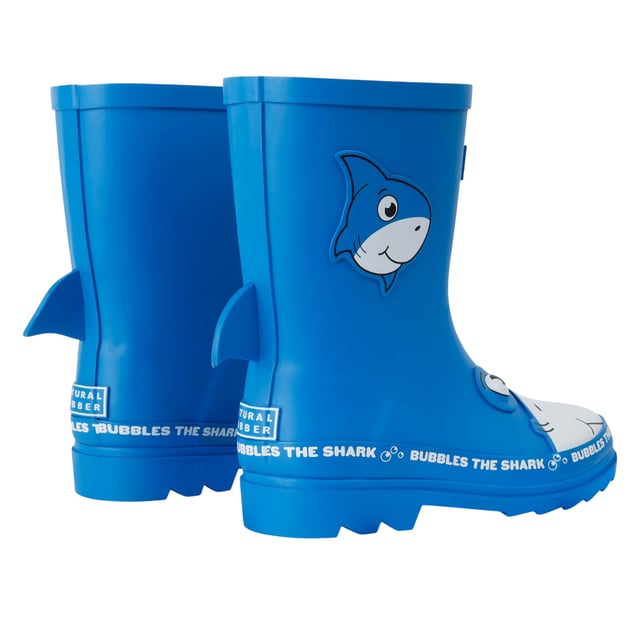 Upper: Vulcanised Rubber. Insole: TECFOAM. Outsole: Angled Lugs, Rubber. Rubber Mudguard. Fabric Technology: Waterproof. Flat Heel. Cut: Mid Cut. Design: 3D Fins, Bubbles, Logo, Shark, Text. Toe Style: Round. Fastening: Slip-In.