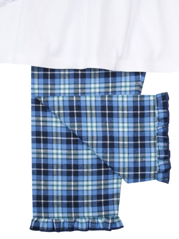 Girls Woven Morgan Check and Jersey Traditional Pyjamas. 
A beautiful blend of blues in a soft brushed woven check bottoms and jersey peter pan collar top, gives these pyjamas a warm feeling for the winter nights.  Made from super-soft 100% cotton.  The long-sleeved top has a peter pan collar and fastens with engraved buttons with an embroidery and frill. Fully elasticated at the waist, the trousers have a comfy fit using as brushed soft woven check fabric. It’s easy to create mini-me looks with our Morgan Check range as coordinating styles are also available in our boys, baby, adult and family collections.
Sold as a Pyjama set.
Fabric Composition : 100% cotton top & bottoms
Fire Warning : KEEP AWAY FROM FIRE AND FLAMES.
Wash Care Instructions : Machine wash, Inside out, Do not soak, Wash dark colours separately, Do not iron trims, Save energy, Wash at 30 degrees
Machine washable
Classic fit.