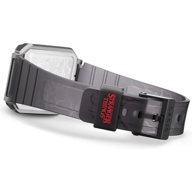 This Casio Casio Collection Vintage Stranger Things Digital Watch for Unisex is the perfect timepiece to wear or to gift. It's Grey  Rectangular case combined with the comfortable Black Plastic watch band will ensure you enjoy this stunning timepiece without any compromise. Operated by a high quality Quartz movement and water resistant to 3 bars, your watch will keep ticking. Step into an alternate dimension with an exclusive Casio collaboration inspired by the global megahit, Stranger Things. This Digital watch has a calendar function: Day-Date , Stop Watch , Alarm and Light High quality 20 cm length and 20 mm width Black Plastic strap with a Buckle Case measurement: 32 X 33 mm,case thickness: 9 mm, case colour: Grey and dial colour: Multicolour