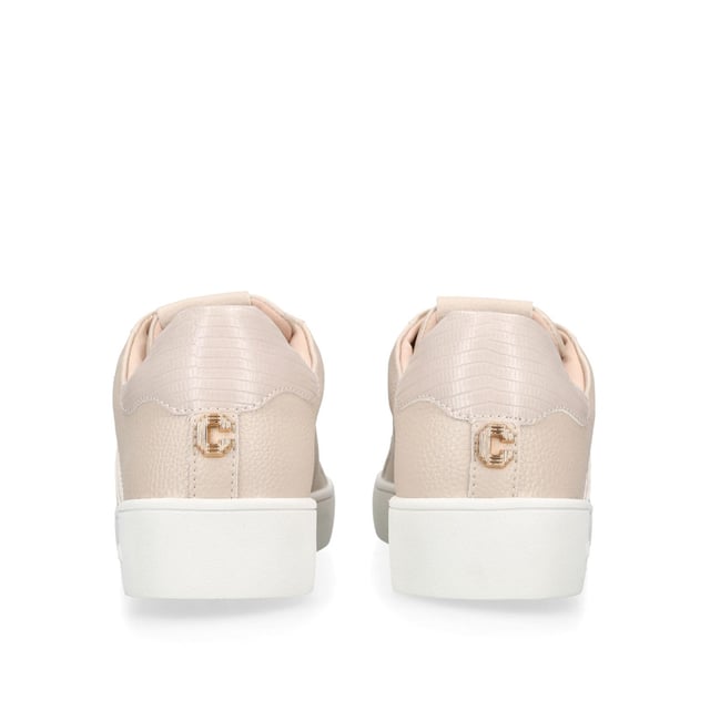 This Carvela Rapid trainer features a beige upper with tonal metallic stripe detail. The front laces up with gold tone branding details.