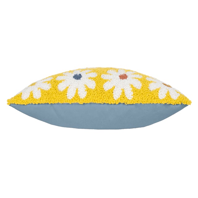 Add some fun flower power to your home with this amazing loop tufted cotton Daisy cushion. Featuring cute white daisies with different coloured centres and set on a vibrant yellow background, this bold design creates a fun, friendly and retro fashion piece. Finished with a plain polycotton canvas reverse, knife edged trim and zip fastening. A great way to create your own style in a new living space.  Size: 45 x 45cm