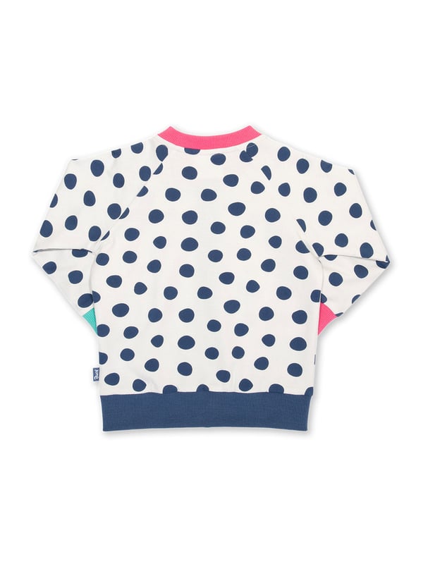 95% organic cotton 5% elastane | Proud to be certified to the Global Organic Textile Standard (GOTS) | Big spot all-over print | Cream and navy blue | French terry loop back fabric (240-250 gsm) | Zip through with Kite zipper pull | Long sleeved | Ribbed low cut standing collar | Contrast ribbed neck, cuffs and hem | Made in Turkey | Machine washable at 40 degrees, or at 30 degrees to be kinder to the planet