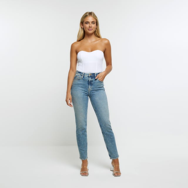 River Island Womens Slim Fit Jeans Blue Denim Embellished