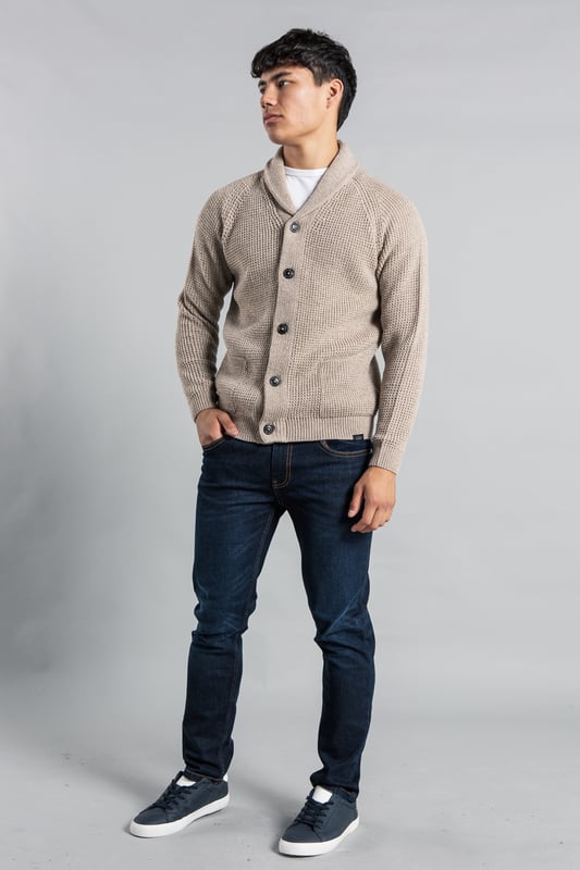 Natural Shawl Neck Waffle Knit Cardigan