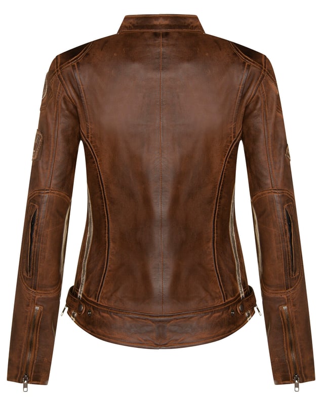 Finished in our premium nappa leather and detailed with our embroidered vintage badges, racing enthusiasts look no further. The classic biker style is leveled up with the addition of twin contrasting racing stripes on the sleeves and a thoughtful placement of racing badges to make this iconic piece. The jacket still stays true to its biker roots with a classic short tab collar and two zip pockets positioned at the breast for a traditional look. For additional storage find two hand pockets at the waist to ensure this jacket is as practical as it is stylish. â€¢ 100% premium ultra-soft nappa leather. â€¢ Four exterior pockets â€¢ Racing style stripes on each of the jacket sleeves â€¢ Full length YKK zip on the front â€¢ Embroidered racing style badges featured across the jacket front and sleeves