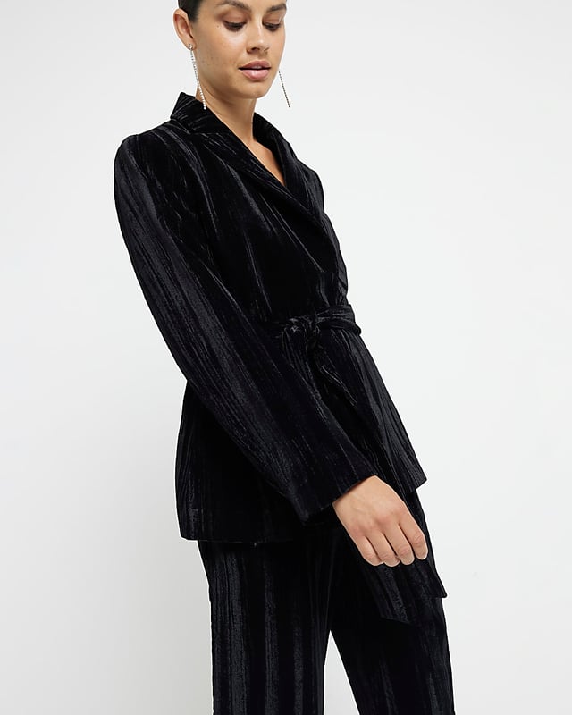 Velvet fabric, Wrap detail, Belted, Long sleeves, Button fastening, Front pocket