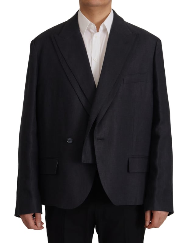 Model: Blazer jacket sport coat
  Style: Double breasted one button
  Fitting: Slim
  Colour: Dark blue
  Three outside pockets and two inside pockets
  One open vent in the back
  Logo details
  Made in Italy
  Material: 100% Linen
  Lining: 100% Silk
Material: 100% Linen