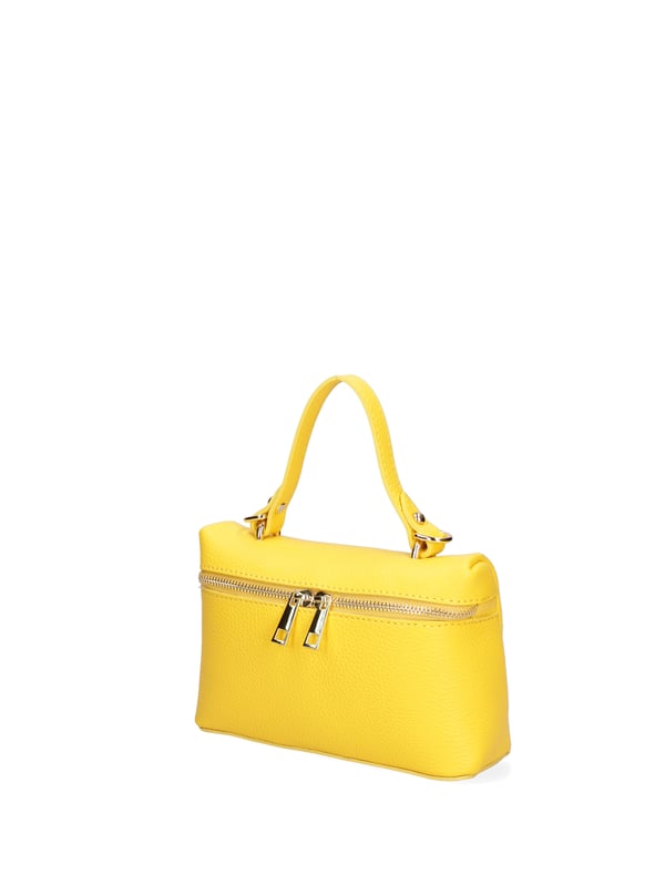 Bolso de mujer. El cierre es con cremallera. Los bolsillos internos son uno con cremallera. Los bolsillos externos están ausentes. La bandolera es ajustable y extraíble en piel. El mango es de cuero. Hay un compartimento interno. El material exterior es piel auténtica tipo dólar. Internamente está forrado en tejido 70% algodón - 30% poliéster. Medidas: 20x13x7 cm. Hecho en Italia