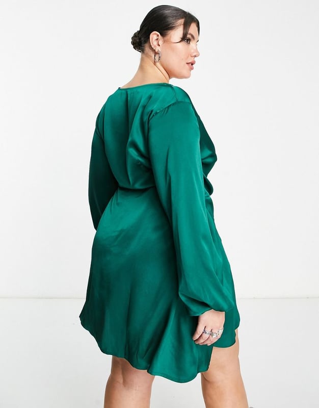 Urban Threads Plus wrap over satin midi dress in green