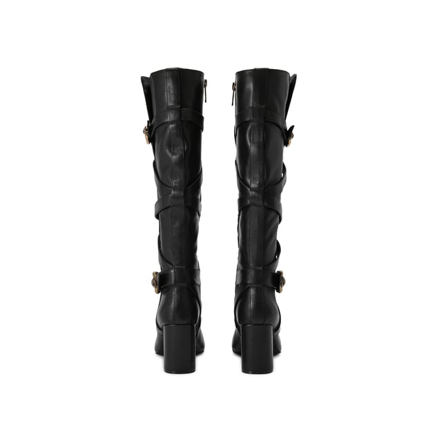 This Kurt Geiger Mayfair Strappy Knee high boot is crafted from a soft black leather with  strap detail up the entire shaft. There are two antiqued brass buckles with eagle heads across the straps. Heel height: 8cm.