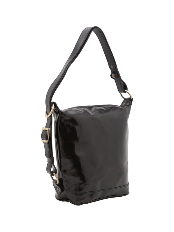 Bolso tipo bombonera para mujer. El cierre es con cremallera. Los bolsillos internos son uno con cremallera. Los bolsillos externos están ausentes. La bandolera es ajustable en piel. Falta el mango. Hay un compartimento interno. El material exterior es auténtica piel de vacuno. Internamente está forrado en algodón. Medidas: 34x33x15 cm. Hecho en Italia