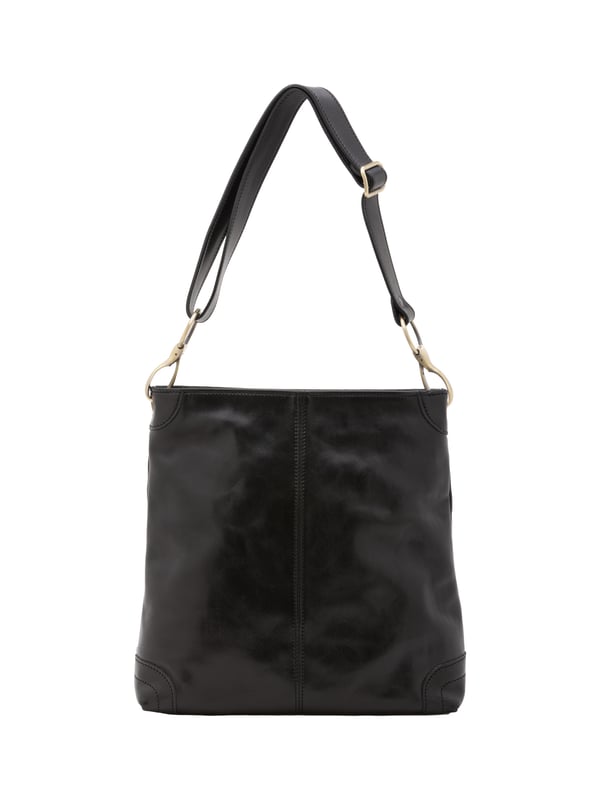 Bolso bandolera para mujer. El cierre es con cremallera. Los bolsillos internos son uno con cremallera y dos abiertos. Los bolsillos externos están ausentes. La bandolera es ajustable en piel. Falta el mango. Hay un compartimento interno. El material exterior es auténtica piel de vacuno. Internamente está forrado en algodón. Medidas: 32x32x11 cm. Hecho en Italia