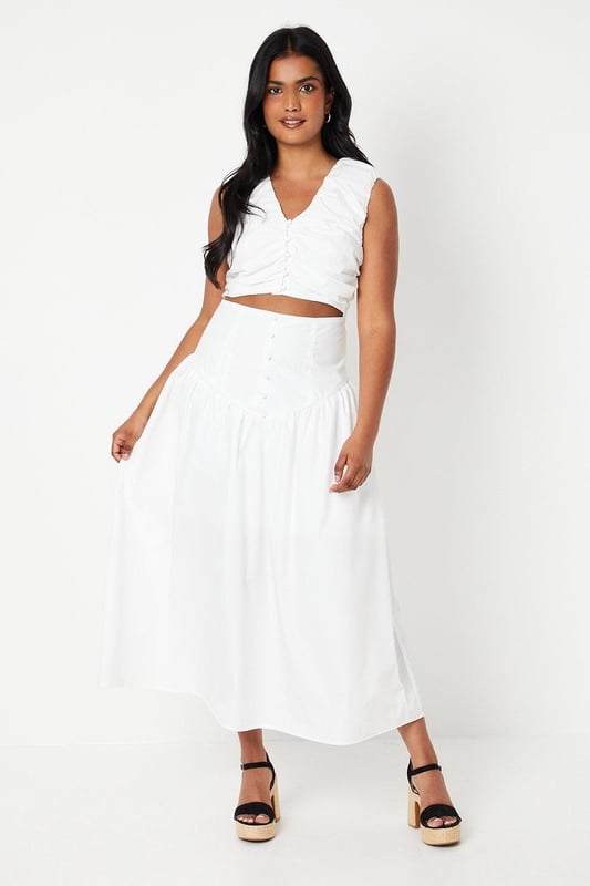 Cotton Poplin Gathered Bodice Drop Waist Midi Dress