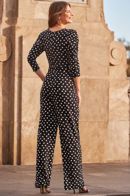 REASONS TO BUY:

All of the impact, none of the effort
Framed by a seriously flattering V-neck
Cut to gently nip in the waist
Wide-leg cut that's on-trend and ultra-comfy
Ever stylish spot print
Heels, ankle boots, trainers, sandals - endless styling options

Inside leg to fit: Short 29 | Regular 31" | Long 33"