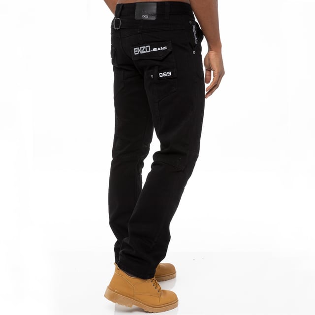 Enzo Mens Denim Jeans Straight Leg Black