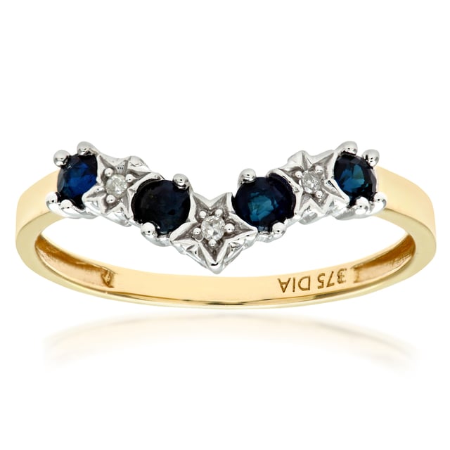 9K (375) geel goud: 1,4 gram; # Diamant: 0,02 ct; # Saffier: 0,4 ct