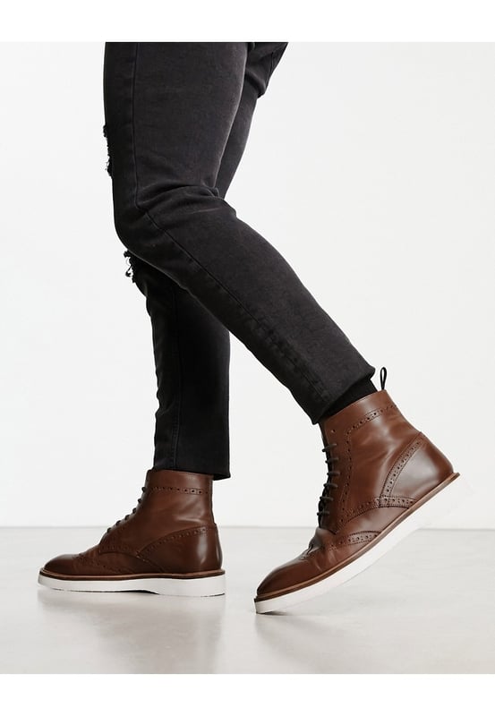 ASOS DESIGN lace up brogue boot in tan leather with contrast white