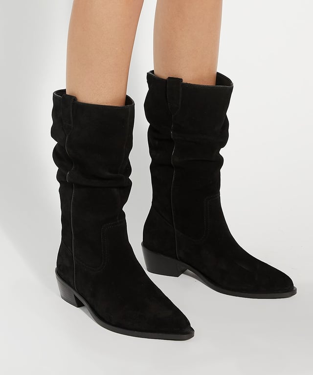 Womens Boots Black Suede Calf Length Boots Womens Faux Suede Knee