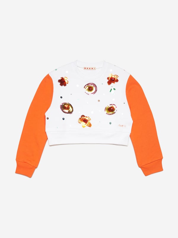 Marni embody innovation and high quality detailing in their sleek, everyday pieces. This girls sweatshirt is a captivating summer piece to invest in. Envisioned in a beautiful colour block crew-neck sweatshirt with Sunny Day print embellished sequins. It is accentuated by a colour contrasting embroidered logo. Long-Sleeved Ribbed Crew-Neck, Cuffs and Bottom 100% Cotton