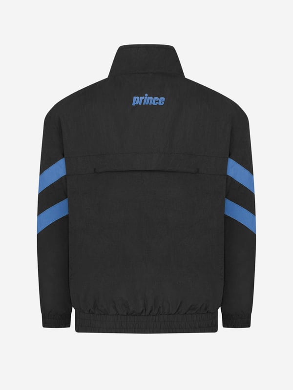 A casual but sporty baseline track jacket by Prince Off Court. This jacket features gel print Prince on the sleeves with contrast blue stripes on the front body of the jacket and on the sleeves. Made with 100% nylon with a gel print. Wash on a delicate cycle. Be sure to turn it inside out to protect the gel print letters.