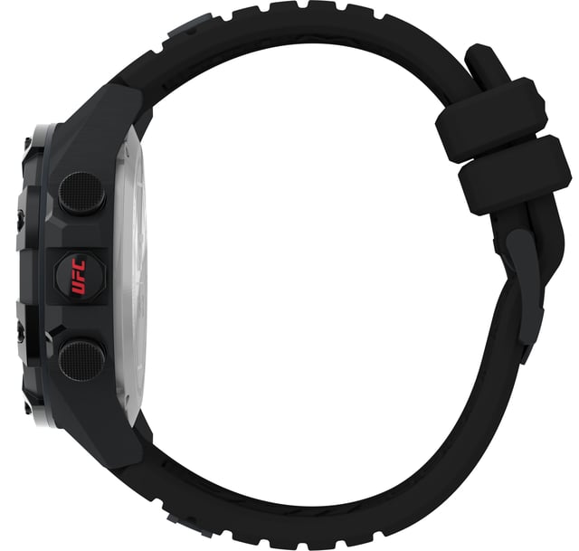 This Timex Ufc Kick Digital Watch for Men is the perfect timepiece to wear or to gift. It's Black 49 mm Round case combined with the comfortable Black Rubber watch band will ensure you enjoy this stunning timepiece without any compromise. Operated by a high quality Quartz movement and water resistant to 10 bars, your watch will keep ticking. Step into the octagon with the UFC Kick Digital. This timepiece packs a punch with its substantial 49mm stainless-steel case and bezel, along with a rugged black silicone strap that's built to last. This Digital watch has a calendar function: Day-Date, Stop Watch, Countdown and Alarm High quality 21 cm length and 23 mm width Black Rubber strap with a Buckle Case diameter: 49 mm,case thickness: 16 mm, case colour: Black and dial colour: Black