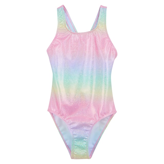 Regatta Girls Katrisse Mermaid Shimmer One Piece Swimsuit (Multicoloured) 85% Recycled Polyester, 15% Elastane. Fabric: Stretch. Design: Gradient, Iridescent. Fastening: Pull-On. Back Style: Racerback. Neckline: Scoop. Fabric Technology: Durable, UV Protection. Sleeve-Type: Sleeveless. Sun Rating: UPF 50+.