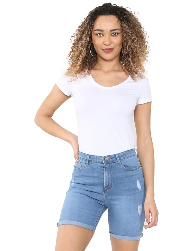 Enzo Womens Ripped Denim Shorts Light Blue