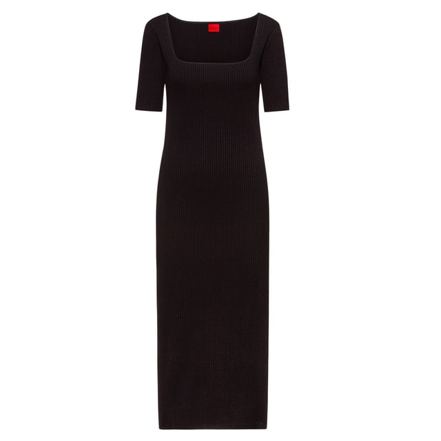 Womens HUGO Nirale Dress in blackA short-sleeved dress in a figure-hugging style by HUGO Womenswear. Featuring a square neckline and side slits for a modern look  this dress is made from super stretchy material with a ribbed structure. A HUGO logo is printed on the back.- Midi length bodycon dress- Wide square neck - Side slit - HUGO logo print on neck- Fitted cut.- 91% Cotton  9% Elastane- Ref: 50470534-001
