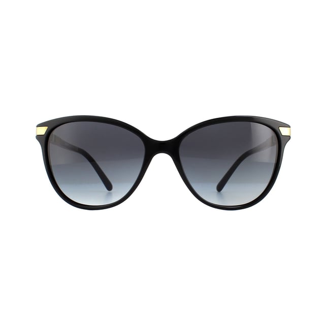 Burberry Sunglasses BE4216 30018G Black With Gold Detailing Grey Gradient are a classy and easy to wear cat eye style for women. Made from slimline acetate with contrasting metal detailing at the hinges, they have a truly luxurious feel. The iconic Burberry check can be found along the temples to authenticate and provide instant brand recognition.