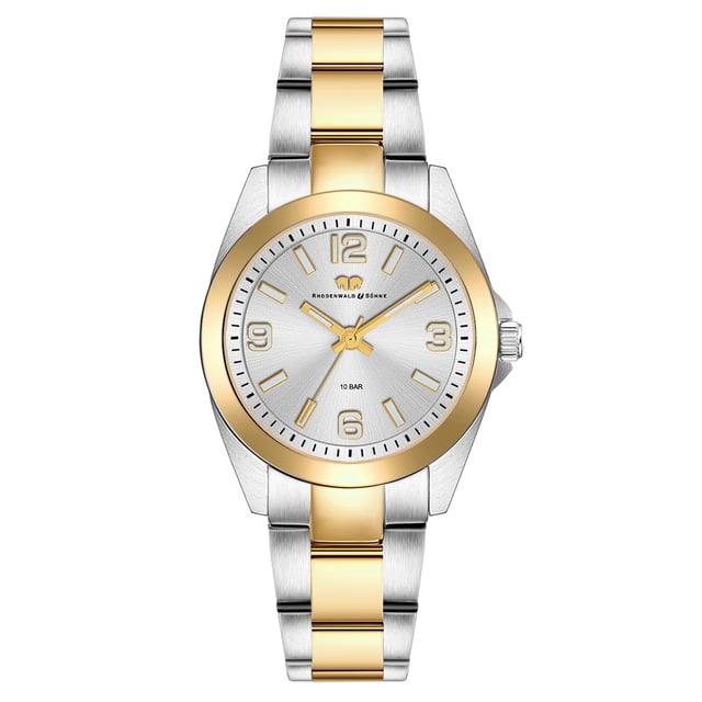 Are you looking for a clock with a timeless design, combined with excellent quality? Then this timepiece of the Rhodenwald & Sons brand is a good choice: the watch manufacturer stands for stylish and sustainable masterpieces for all generations. The women's model convinces with a reserved dial, minimalist line indices, Arabic numbers, minuteery and luminiscant staff. The robust stainless steel housing and a suitable link bracelet made of partially yellow-gold stainless steel rely on the trendy bicolor look. A long-lasting quartz clock, a screwed housing floor and waterproof up to 10 ATM complete the premium equipment.
