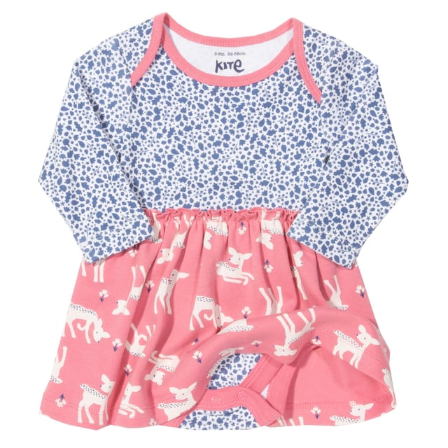 Pretty in pink! Our adorable little deer and forage ditsy designs bring together style with practicality perfectly. A combined bodysuit and dress gives a great look with lots of comfort and is oh so practical for adventurous little ones on the go. With envelope neck and popper crotch opening making it easy to take on and off.