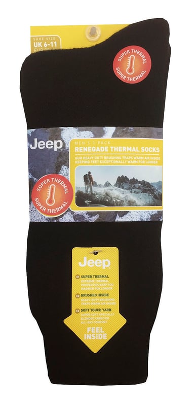 Introducing the Jeep Renegade Thermal Boot Socks, your ultimate winter companion! Crafted with precision, these socks boast a unique blend of materials - 90% Acrylic, 7% Nylon, 1% Polyester, and 2% Elastane - ensuring superior comfort and warmth. The heavy-duty brushing process creates a super-thick and fluffy lining, maximizing heat retention with a remarkable 2.3 Tog rating.Designed for men seeking reliable warmth during chilly days, these half-calf length socks feature standard cuffs and toe seams, enhancing their comfort level. The special yarn used in their construction makes them thermally efficient while maintaining breathability, keeping your feet dry and fresh all day long.Whether you're braving extreme cold or simply looking to add warmth to your leisure time, these Jeep thermal socks are your perfect choice. With their cushioned inner and satisfying thickness, they offer unmatched heat-retaining abilities.Stay cozy, comfortable, and stylish with the Jeep tab on the cuff, adding a touch of extra branding. Machine washable at 40°, maintaining these socks is a breeze.Gear up for winter with the Jeep Renegade Thermal Boot Socks, your ideal companions for enduring warmth in any weather!
