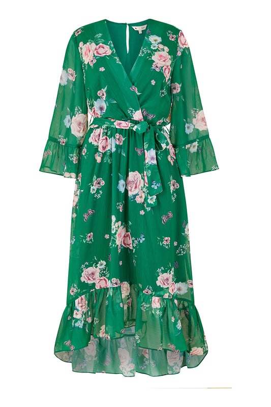Green Floral Wrap Dress With Dipped Hem