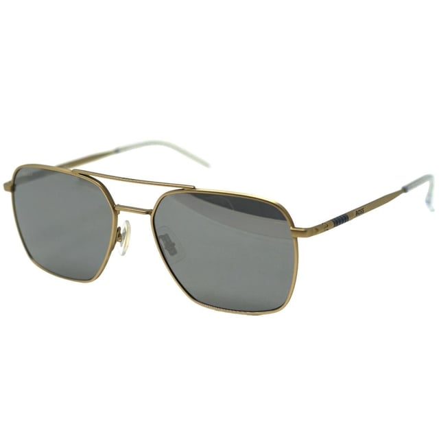 Hugo Boss 1414/S 0AOZ T4 Gold Sunglasses. The Hugo Boss Gold Sunglass has a lens width of 57mm, nose bridge width of 18mm, and arm length of 145mm. It comes with a branded sunglasses case and cleaning cloth. The sunglasses provide 100% protection against UVA and UVB sunlight and conform to British Standard EN 1836:2005. The specific model is Hugo Boss 1414/S 0AOZ T4 Gold Sunglasses.. Hugo Boss Gold Sunglass, Lens Width = 57mm, Nose Bridge Width = 18mm, Arm Length = 145mm. Branded Sunglasses Case and Cleaning Cloth Included. 100% Protection Against UVA and UVB Sunlight and Conform to British Standard EN 1836:2005. Hugo Boss 1414/S 0AOZ T4 Gold Sunglasses