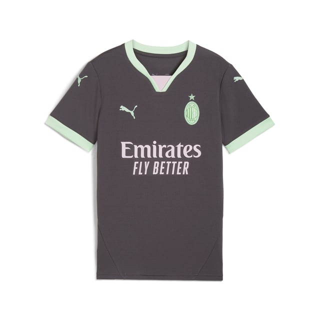 PRODUCT STORY: In the 24/25 Third Kit, a neutral base color lights up in bold accents  including monochromatic version of the club crest  to express the inherent Milanese style in a way thats both new and distinctly Rossonero, even in the absence of Rosso or Nero. Welcome to Milan(ismo). FEATURES & BENEFITS: dryCELL: Performance technology designed to wick moisture from the body and keep you free of sweat during exercise; As part of the RE:FIBRE program, this garment is made of at least 95% recycled material from textile waste and other used materials. DETAILS: Regular fit; 170 gsm, Jacquard; Crew neck; Short sleeves; Official team branding; PUMA Youth: Recommended for older kids between 8 and 16 years.