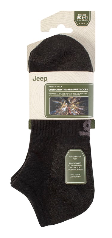 Introducing Jeep Cushioned Sports Trainer Socks - the perfect blend of comfort and sustainability! Made from an eco-friendly recycled cotton blend (60% Polyester, 30% Cotton, 2% Elastane), these socks are both breathable and machine washable at 40°.Designed with a low ankle cut, these trainer socks are ideal for pairing with sports shoes and various trainers. Whether you're going for a long outdoor run or simply seeking extra comfort during work or leisure, these socks have you covered. The half-cushioned sole with terry loop pile padding offers complete protection from toe to heel. Additionally, elasticated arch supports are woven into the mid-foot to ensure a secure fit.Embrace an eco-conscious choice with these cotton blend trainer socks that use recycled fibers, helping conserve valuable resources. Each pack includes four pairs of these high-quality men's Jeep socks. Elevate your sports activities and daily adventures with these durable, comfortable, and environmentally friendly socks!
