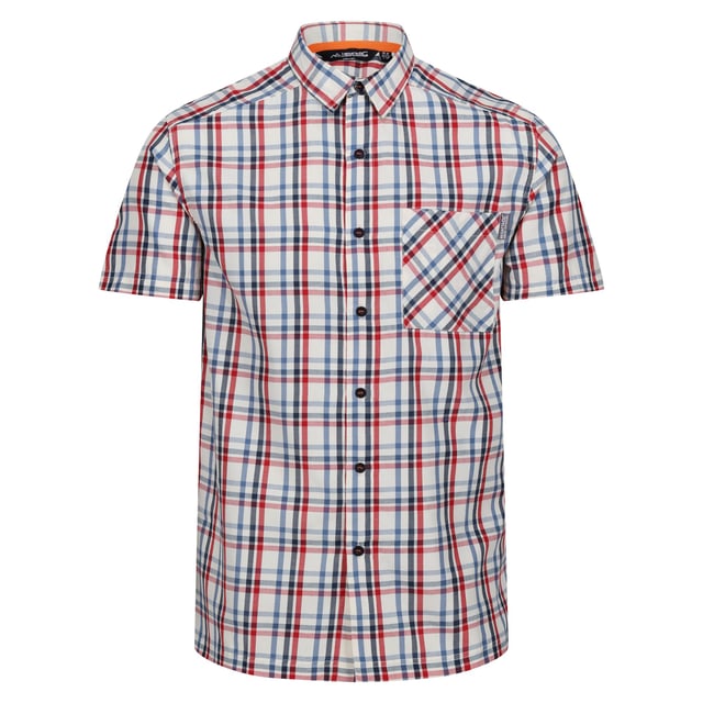 90% Polyester, 10% Viscose. Design: Logo, Patterned. Pockets: 1 Chest Pocket. Fastening: Button. Sleeve-Type: Short-Sleeved. Neckline: Turn Down Collar. Fabric Technology: Durable, Moisture Wicking, Quick Dry. Sun Rating: UPF 30+. S: 38 in. M: 40 in. L: 42 in. XL: 44 in. XXL: 48 in. 3XL: 51 in. 4XL: 54 in. 5XL: 57 in.